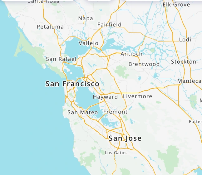 Map of the San Francisco Bay Area showing San Francisco, Oakland, Berkeley, San Jose, and surrounding service areas for Glass Smith